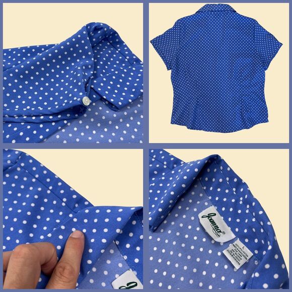 1980s polka-dot blouse by Joanna, size L blue & white vintage 80s/90s shirt - Picture 6 of 9